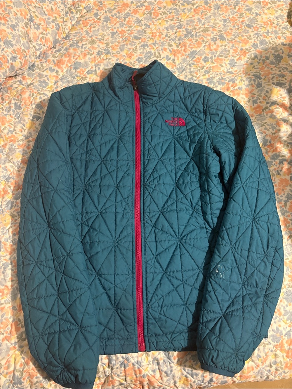 The North Face Teal Quilted Puffer Jacket with Pink Zipper